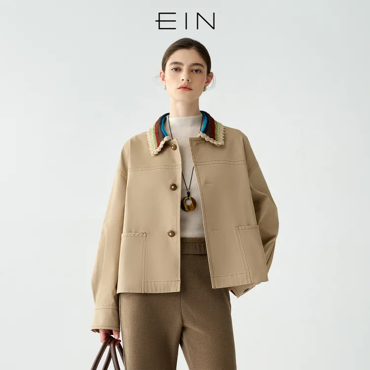 EIN/言巴恩风工装感彩虹条纹翻领文艺短风衣外套2025秋季新款