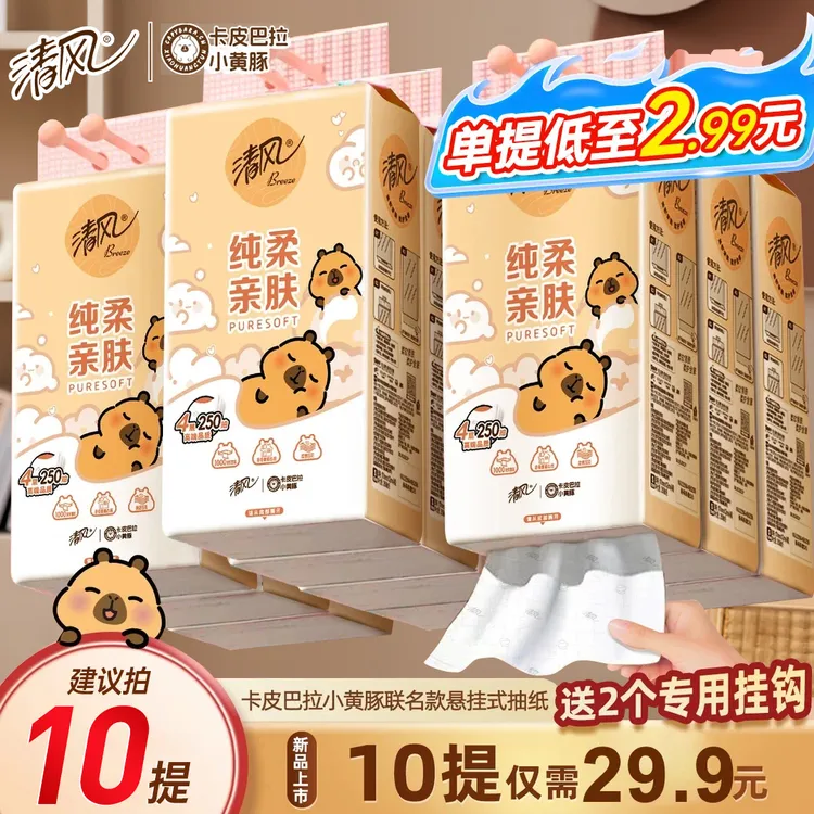 【整箱】清风悬挂卡皮巴拉抽纸卫生纸4层挂抽250抽餐巾纸纸面巾纸巾