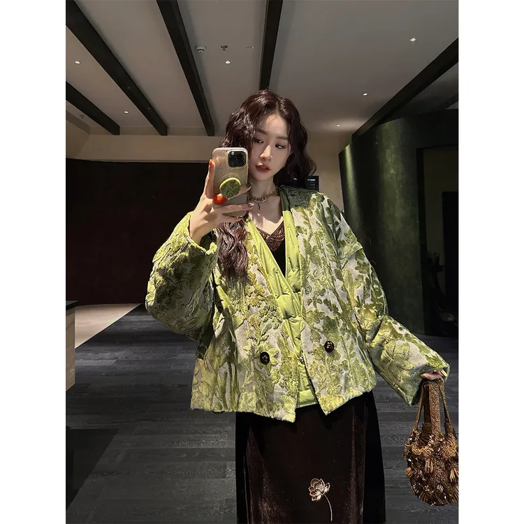 三吉黑花【歌剧魅影】新中式国风割绒短款羽绒服女款冬季2025新款