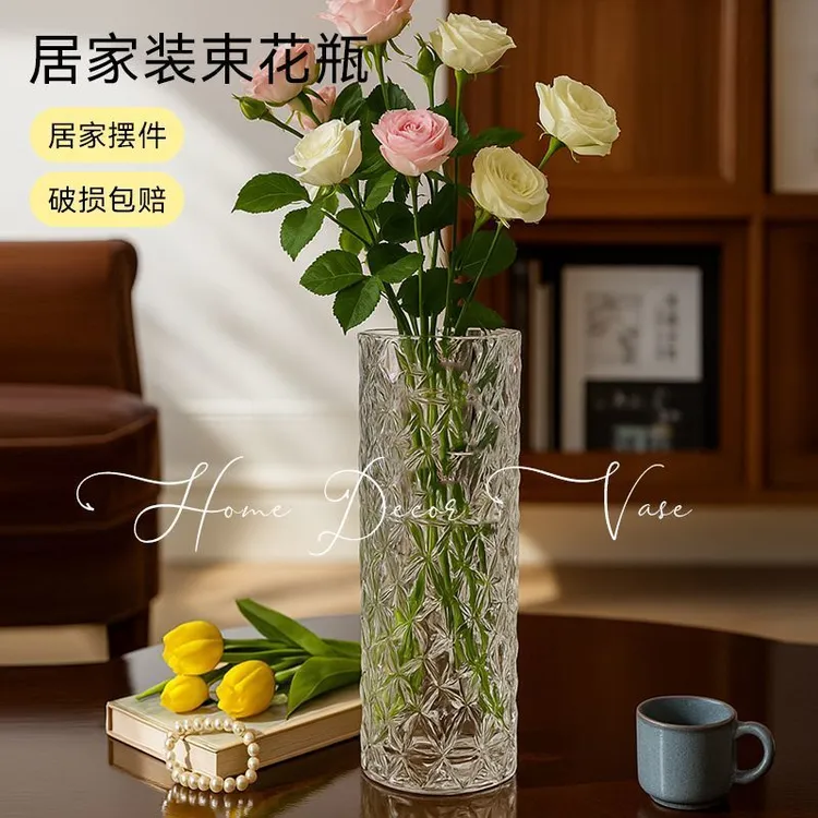 .轻奢玻璃花瓶透明水养鲜花富贵竹ins风插花器皿客厅桌面装饰摆件