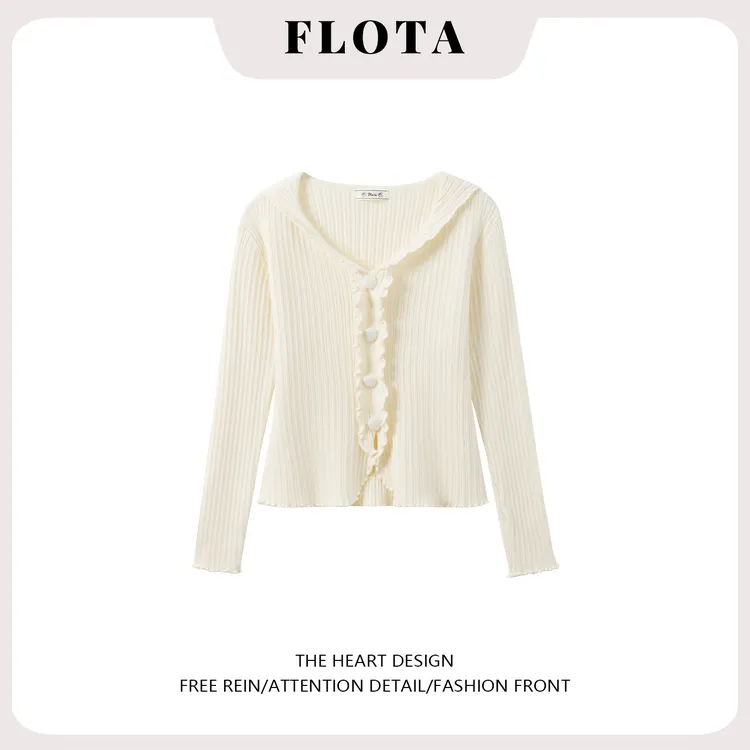 法式木耳边V领加厚针织长袖女温柔风修身纯色内搭上衣坑条打底衫