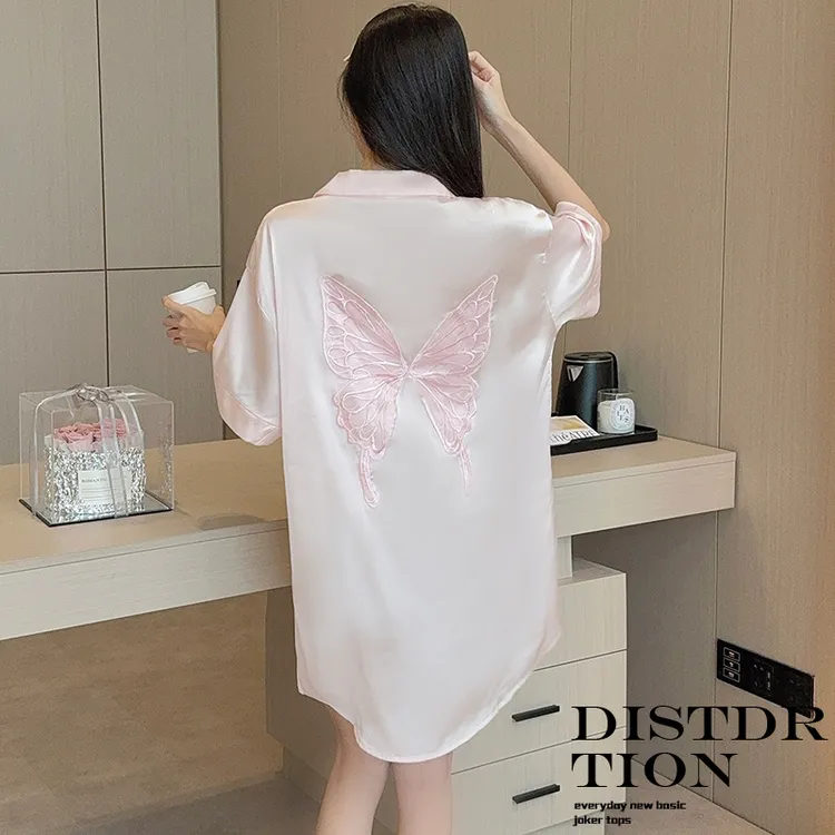 冰雪丝睡裙女夏季短袖2025新款凉感蝴蝶性感翻领睡衣中长款家居服