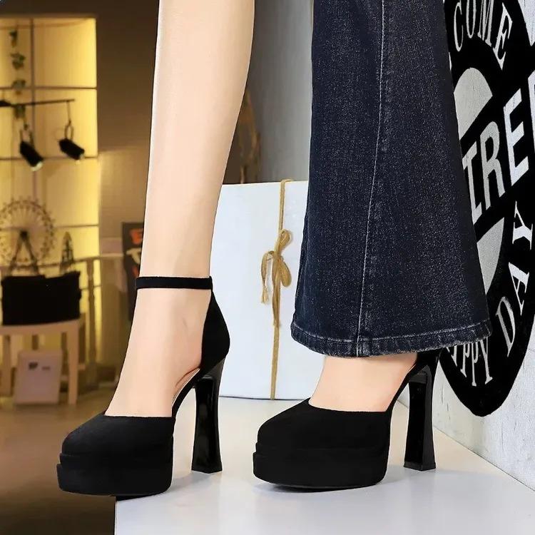 韩版小个子玛丽珍高跟鞋2025新款黑色绒面超高跟婚鞋时尚洋气单鞋