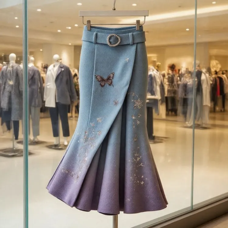 时尚复古䣭渐变色蝴蝶印花毛呢半身裙女2025新款设计感高腰鱼尾裙