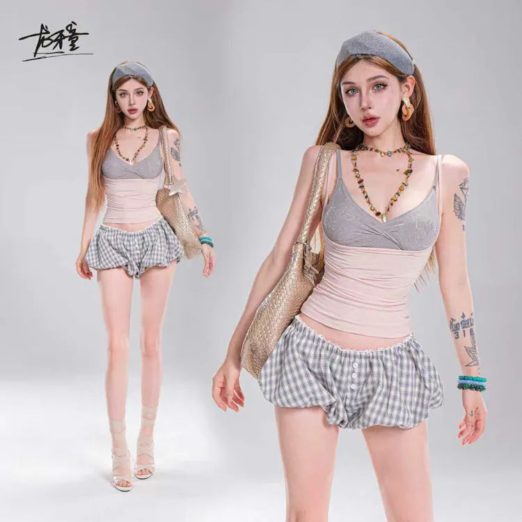 龙牙童推荐【灰粉假两件】夏季显瘦甜美T恤性感少女纯欲辣妹吊带