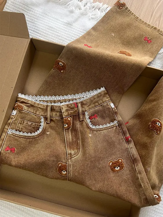 美式复古可爱小熊阔腿牛仔裤女春季2025新款高腰显瘦垂感拖地裤子