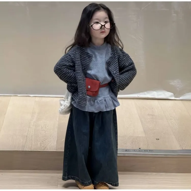 童装2025秋季新款女宝条纹开衫花边衬衫阔腿裤三件套潮童牛仔裤
