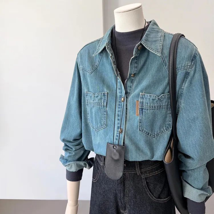 牛仔衬衫女春秋设计感叠穿百搭小个子正肩复古港风蓝色上衣外套女