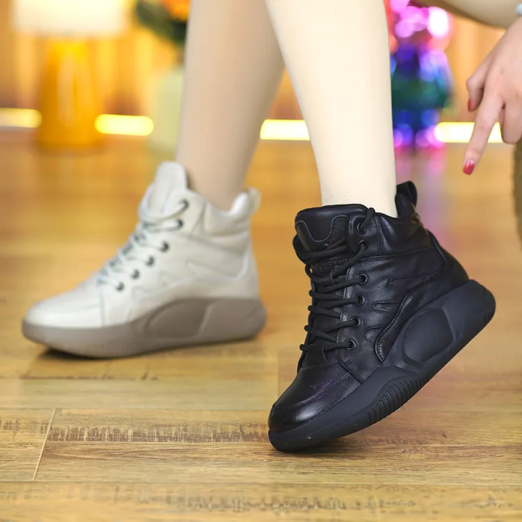 真皮休闲鞋女秋冬新款复古厚底短靴圆头系带面包靴百搭加绒51326