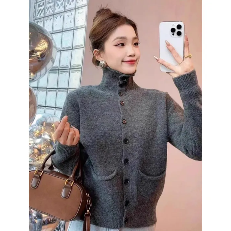 秋冬开衫高领毛衣外套女款2025新款冬季可外穿内搭打底针织衫上衣