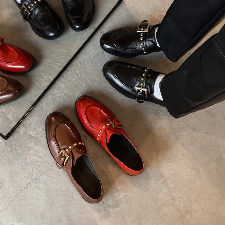 高端手工鞋~真皮乐福鞋女新款皮带扣百搭单鞋复古时尚低跟小皮鞋