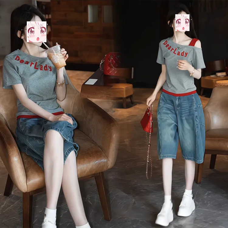 斜领字母印花短袖t恤高腰牛仔中裤时尚韩版夏季减龄穿搭两件套装