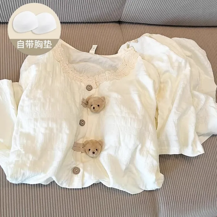 短袖带固定胸垫家居服套装短裤小熊头睡衣设计感夏季韩版