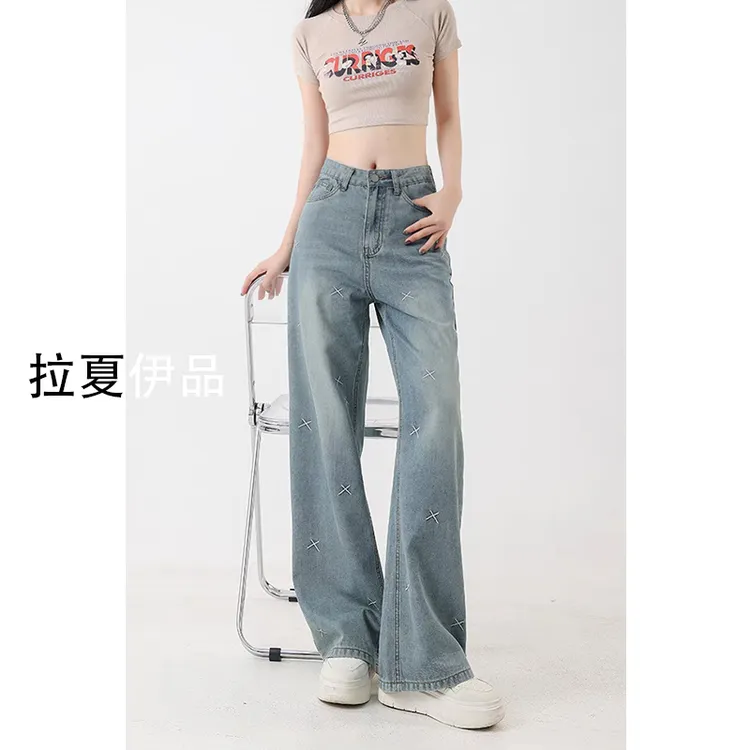 秋季新款大码刺绣牛仔裤女高腰宽松显瘦遮肉阔腿直筒大码女装胖mm