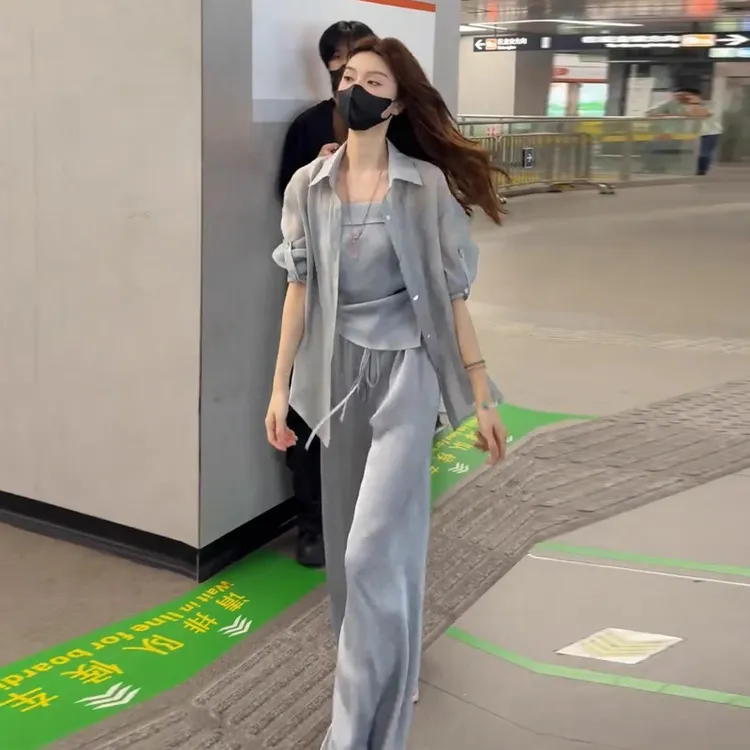 时尚套装女2025夏季洋气宽松显瘦防晒服衬衫吊带背心阔腿裤三件套