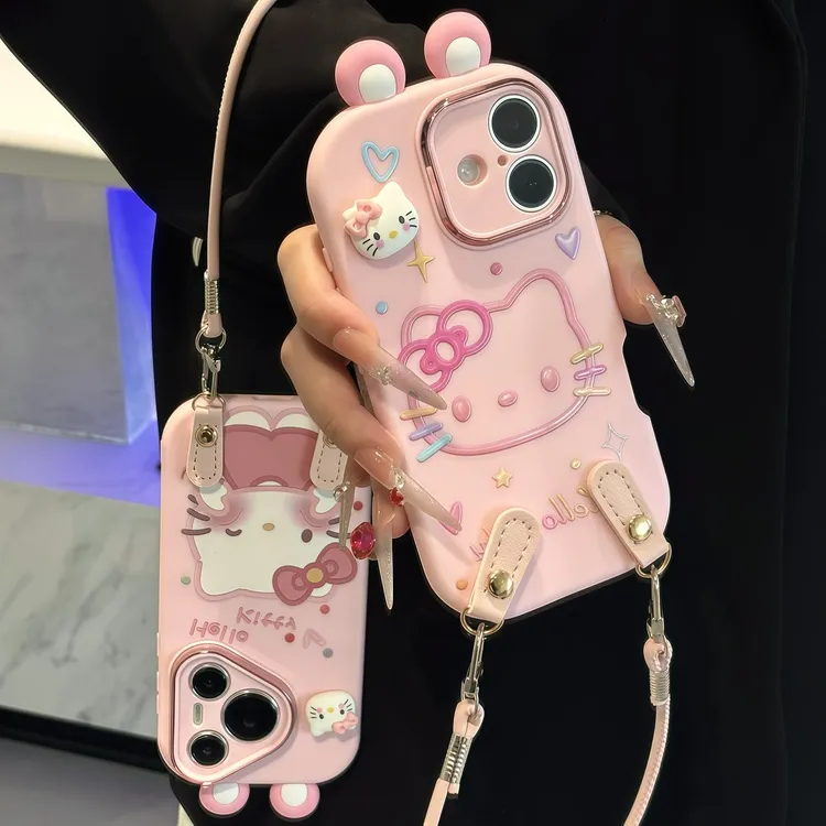 适用少女粉kitty耳朵挂绳17苹果16手机壳iPhone15小米vivoppo华为