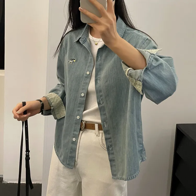 「小斑马 立体刺绣」防掉色牛仔衬衫 春季韩版休闲百搭衬衣外套S032