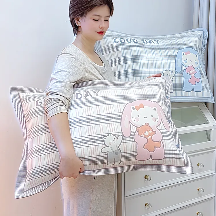 高密按扣纯棉纱布枕套一对装卡通全棉48*74四季通用不脱落枕芯套/