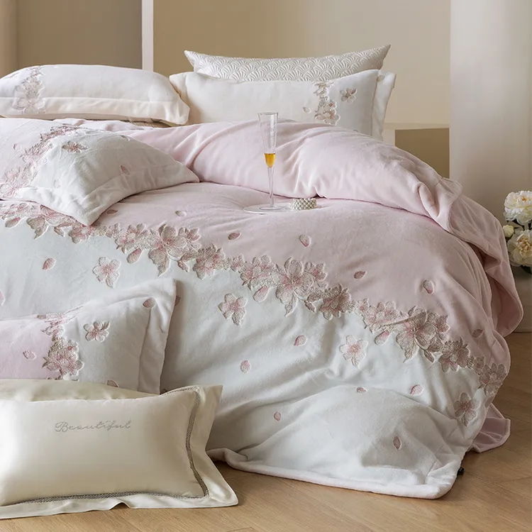 喜兹 花沐语 公主绒四件套牛奶绒精致刺绣 轻奢掉边床单床上用品