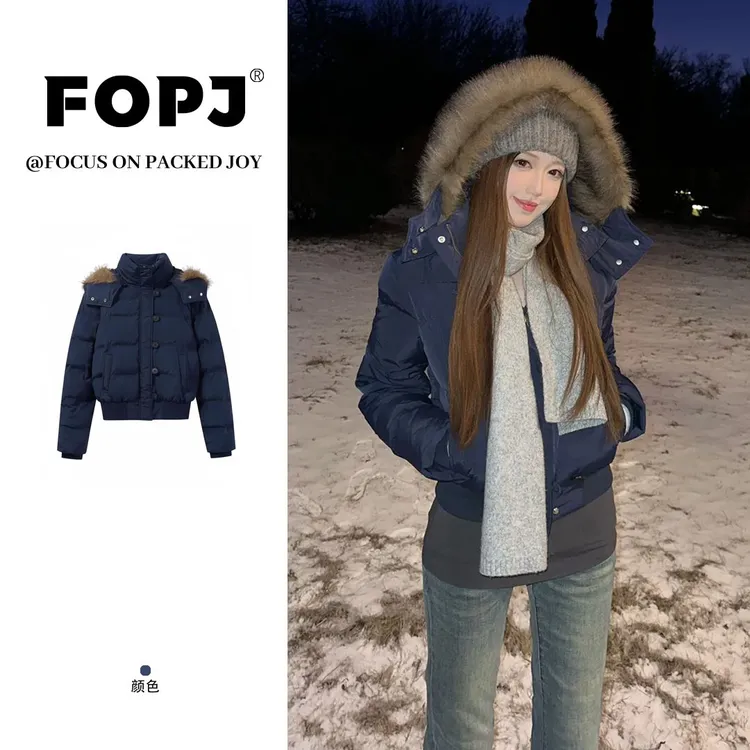 FOPJ韩系短款座山雕毛领连帽棉服外套女设计感加绒保暖慵懒风上衣