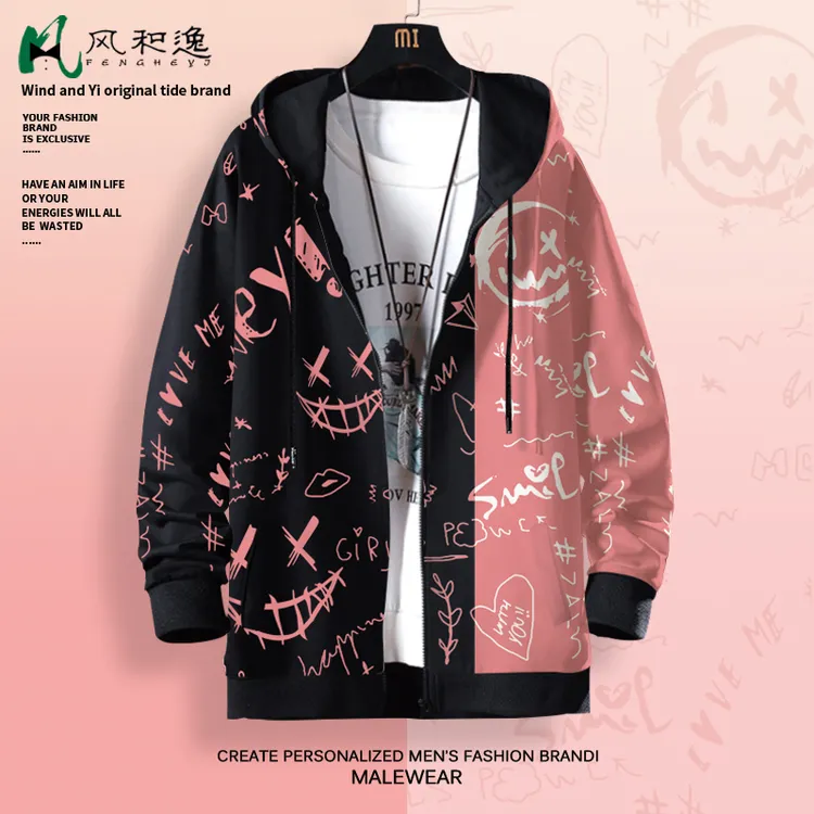 小恶魔笑脸卫衣男国潮秋冬涂鸦印花连帽开衫oversize加绒加厚外套