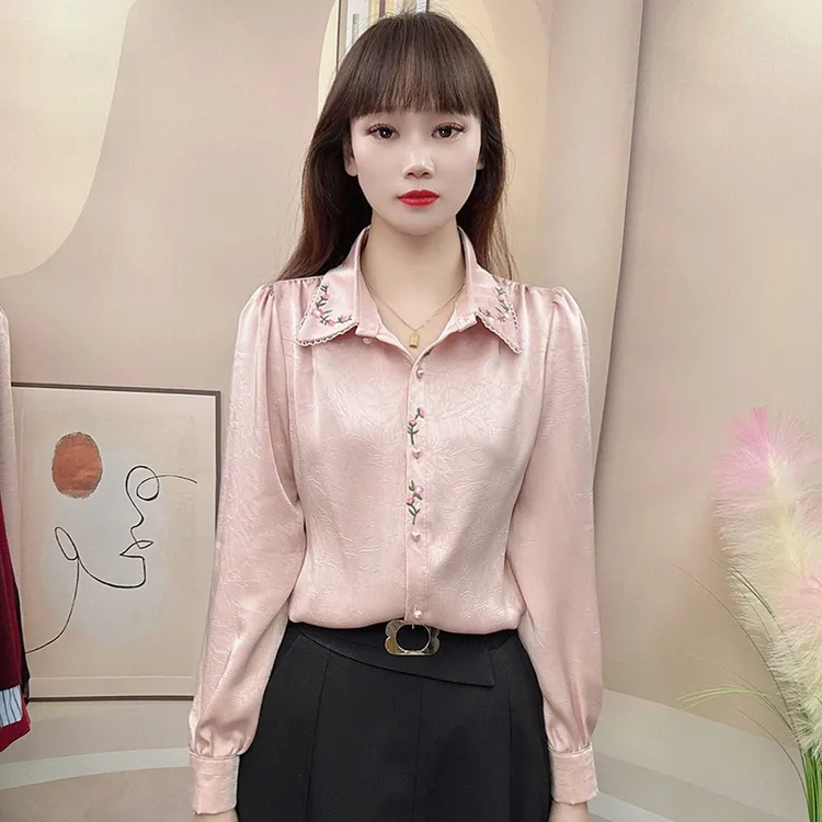 衬衫女设计感百搭2025秋季新款高端刺绣长袖衬衣遮肚子显瘦上衣