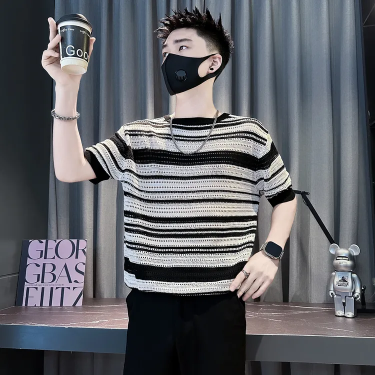 夏季短袖t恤男士休闲潮牌条纹上衣2025新款痞帅男款宽松针织体恤