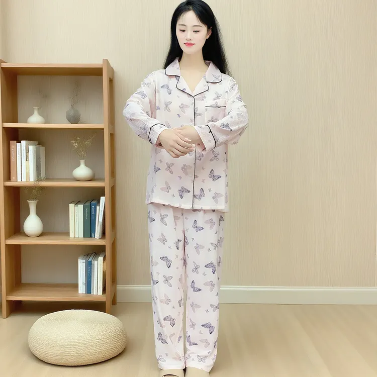 长袖开衫睡衣女士春秋季不带胸垫云朵棉大码可外穿家居服套装Y170