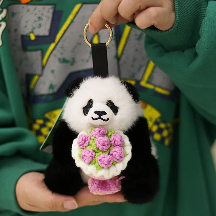可爱手捧花束熊猫花花毛绒玩具挂件公仔玩偶背包挂饰成都基地同款