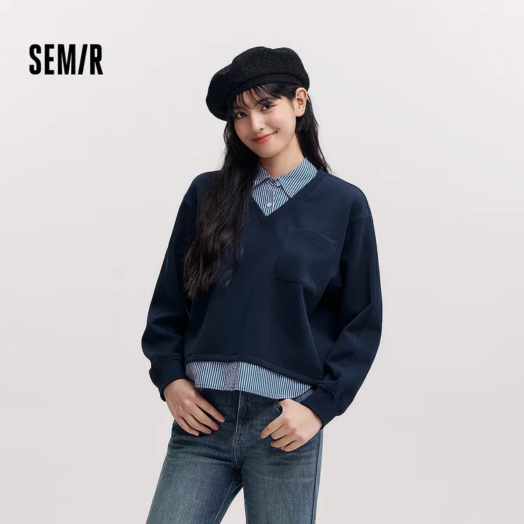 森柔棉|森马卫衣女春短款假两件条纹宽松翻领开叉设计感气质衣服