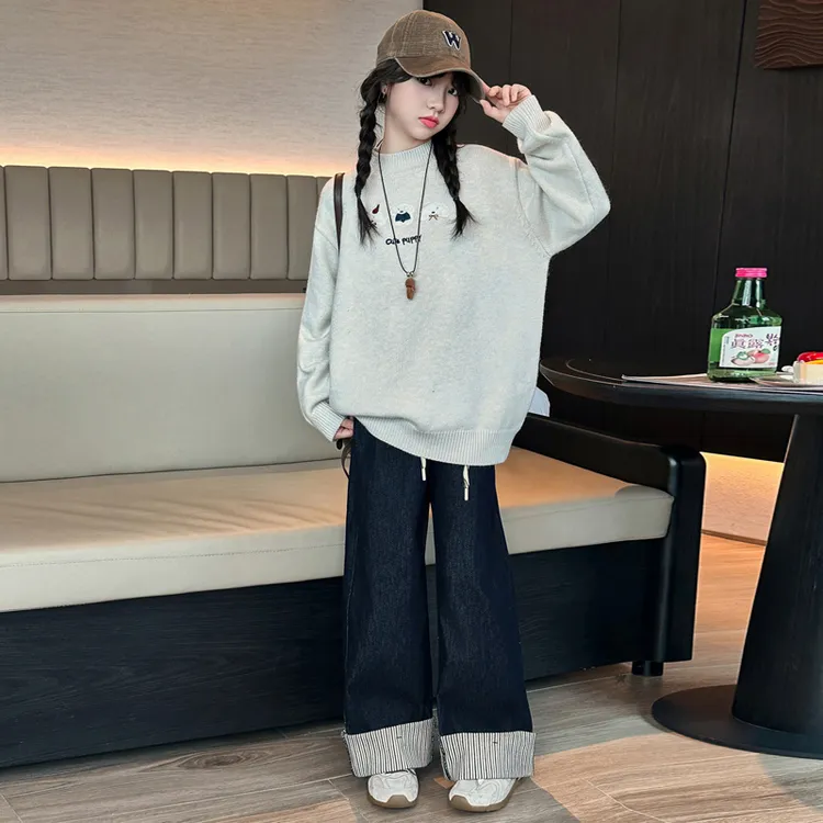 女童套装秋装10-15岁大童韩版时尚儿童圆领毛衣牛仔裤休闲两件套