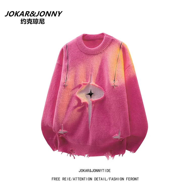 JOKAR&JONNY多巴胺粉色破洞毛衣男秋冬季慵懒风宽松设计感针织衫