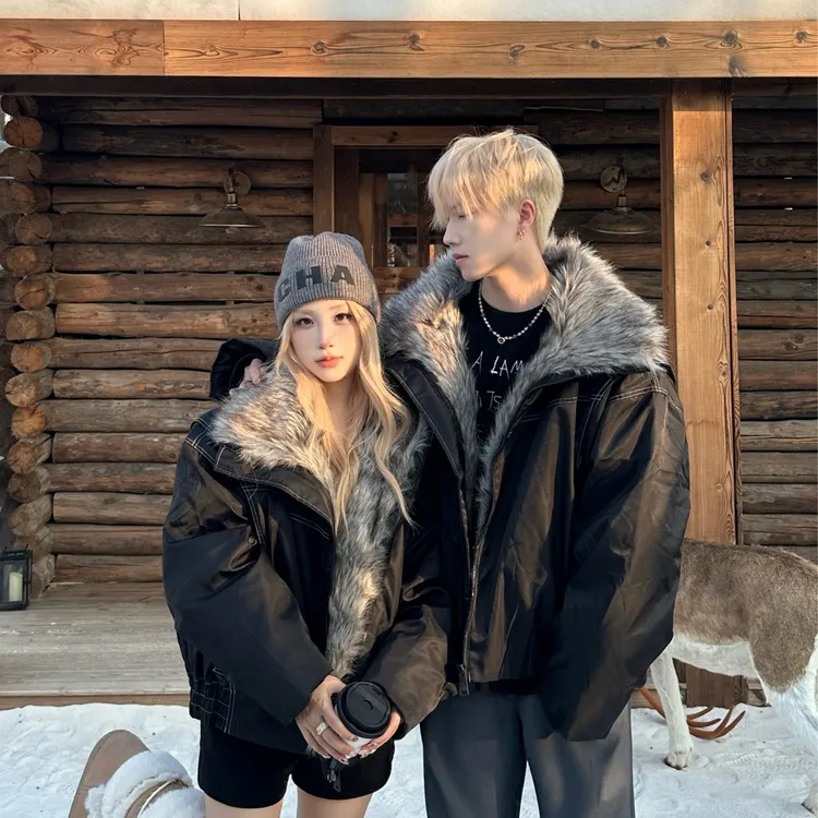 情侣装秋冬坐山雕大毛领韩版宽松型棉衣百搭棉服外套潮