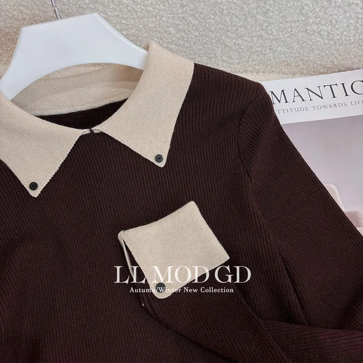 视觉焦点 通勤百搭翻领假两件设计气质显瘦绵羊毛针织XR-6200368