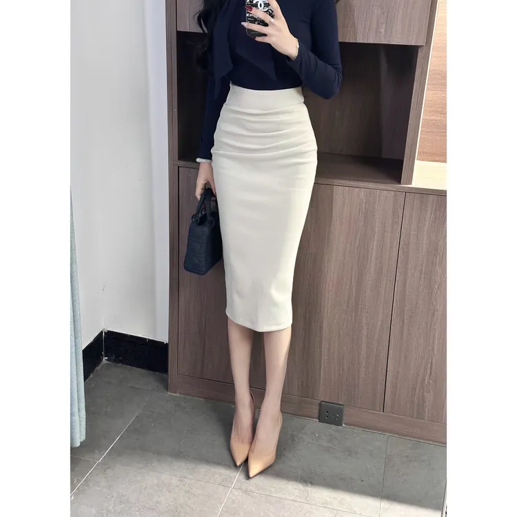 【巧思逸】黑色显瘦半身裙女修身褶皱遮肚高腰中长款包臀裙