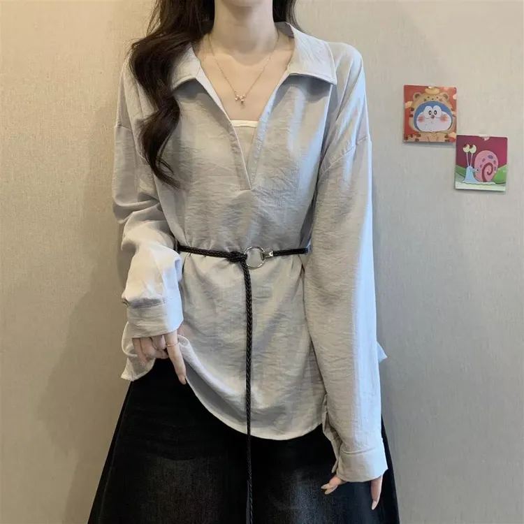 【送腰带】V领长袖衬衫女秋季2025大码胖mm显瘦遮肚高级感上衣女