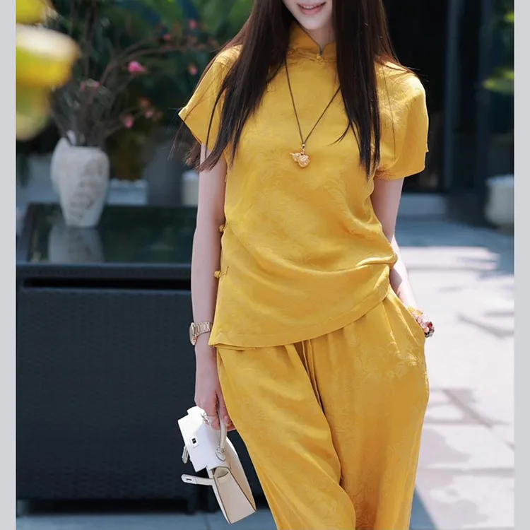 新中式国风女装盘扣上衣裤子套装2025夏季新款洋气衣服提花两件套