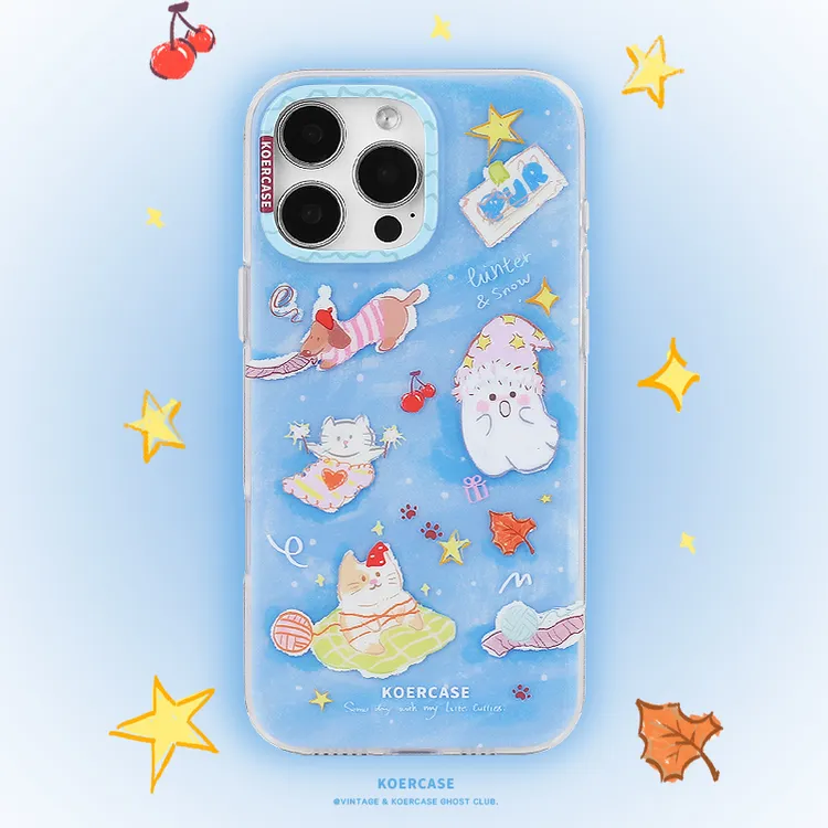 初冬萌宠猫狗小幽灵手机壳涂鸦甜美少女插画创意适用苹果16ProMax