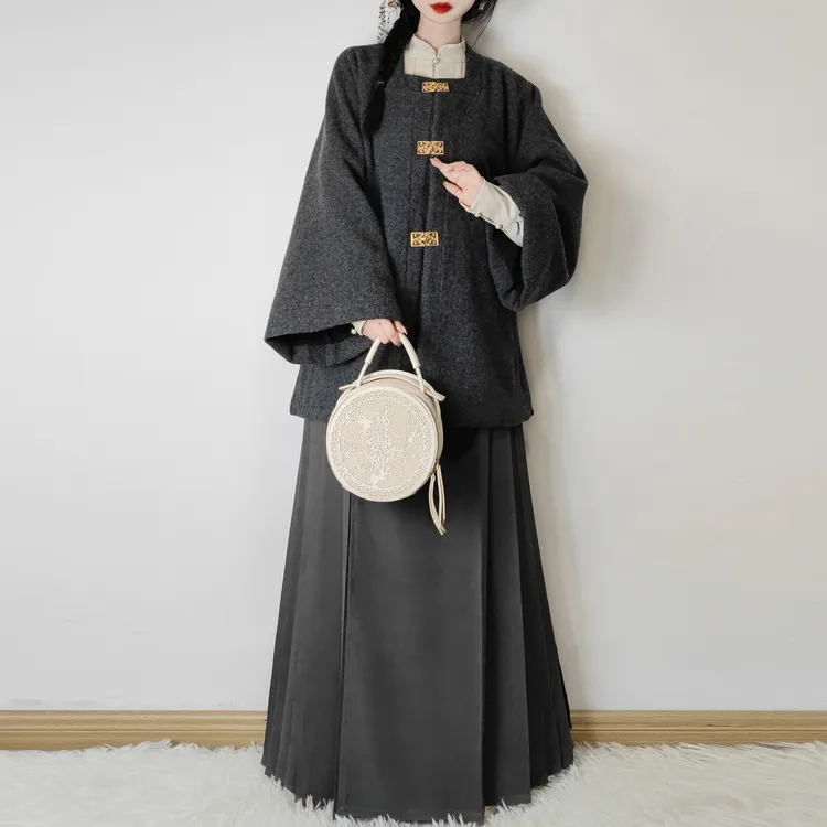 觅锦明制汉服女改良对襟开衫弓袋袖马面裙套装秋冬加厚日常百搭