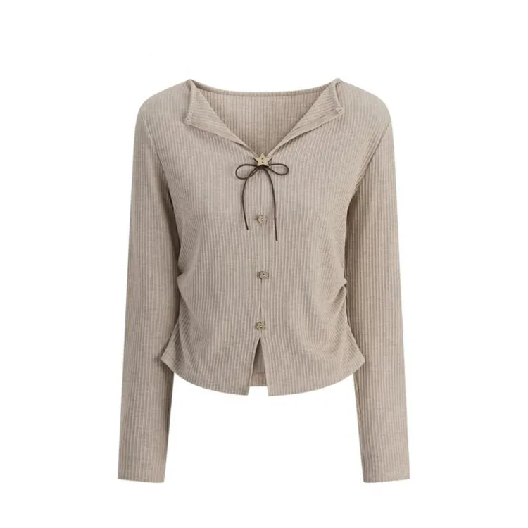 秋季新款韩系高级设计感蝴蝶结V领长袖T恤小众短款修身显瘦女上衣