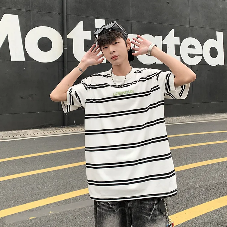 条纹t恤男士短袖夏季休闲宽松港风ins学生半袖圆领夏款男生美式潮