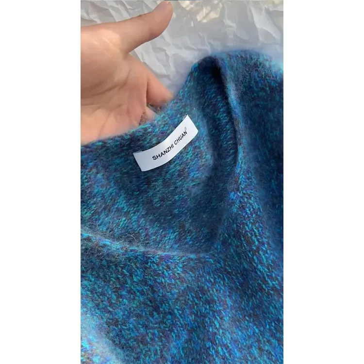 韩系蓝色V领软糯马海毛毛衣女秋冬外穿加厚宽松奶fufu针织上衣