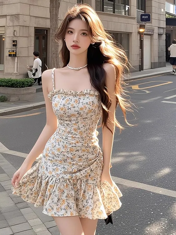 【KEKE】黄色方领吊带碎花连衣裙女夏季法式时尚性感精致纯欲短裙子