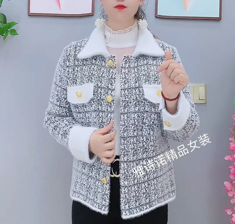 千鸟格小香风外套女2025秋冬新款开衫仿水貂绒编织洋气小个子上衣