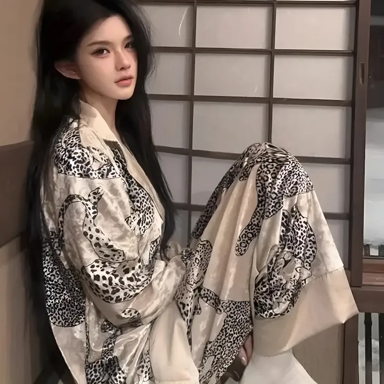 氛围轻奢高级感豹子冰丝睡衣春秋季女款长裤大码可外穿家居两件套