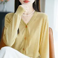 小小泽兰精纺羊毛V领开衫薄款时尚针织衫气质百搭毛衣