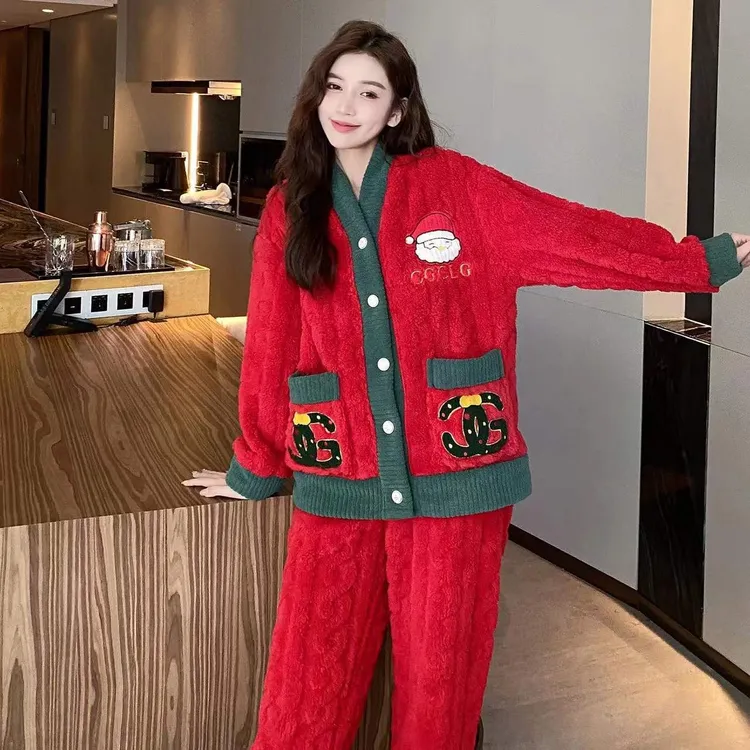 2025秋冬新款女士加绒珊瑚绒睡衣套装可爱可外穿长袖长裤保暖家居