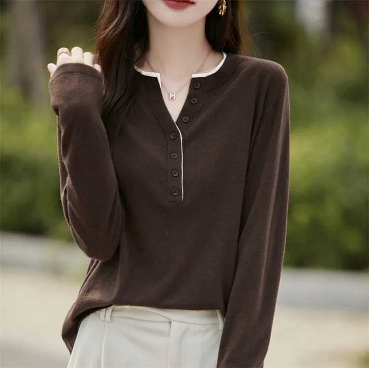 秋冬季新款半开领撞色圆领套头针织衫女薄款宽松纯色打底长袖上衣