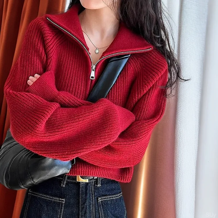 新款高领拉链针织衫宽松毛衣外穿设计短款感小众打底洋气上衣