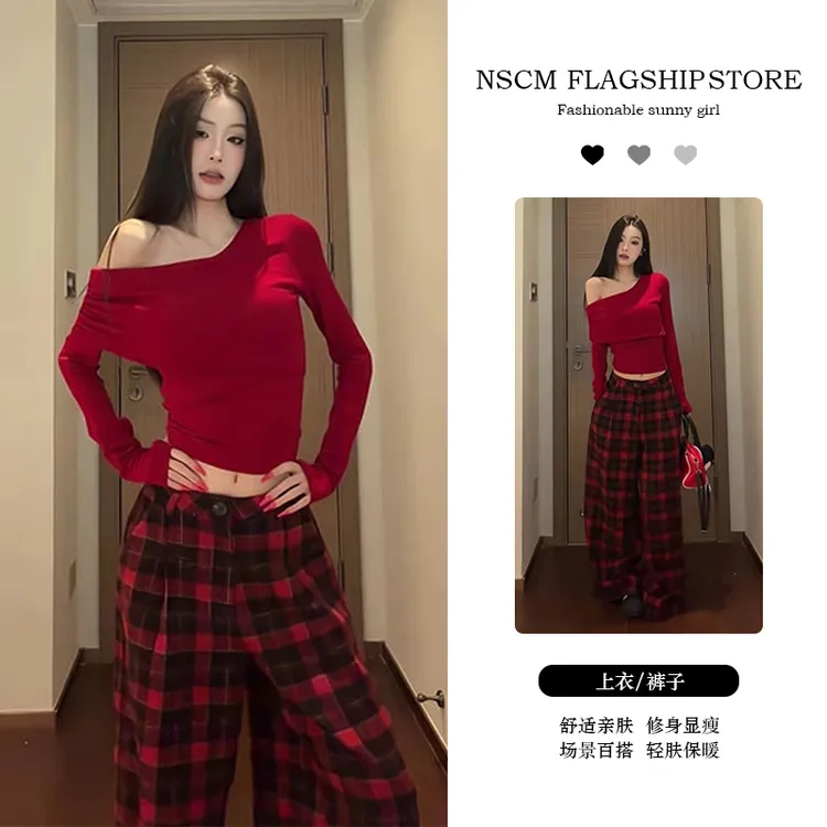 NSCM小众炸街高级感女装韩系穿搭纯欲修身斜肩长袖T恤格纹休闲裤